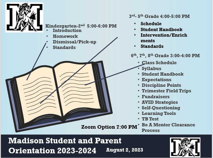  Madison Parent and Student Orientation - August 2nd!